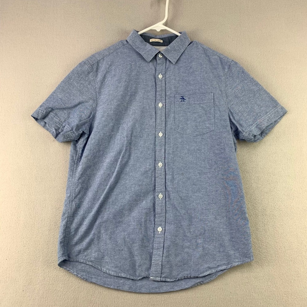 Penguin Button Up Shirt Men Medium Blue Chambray Heritage Slim Fit Short Sleeve
